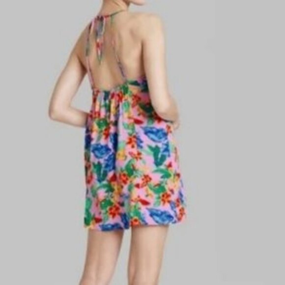 New Wild Fable Pink Tropical Fruit Mini Halter Tie Neck Dress Women's M Colorful - Picture 2 of 10